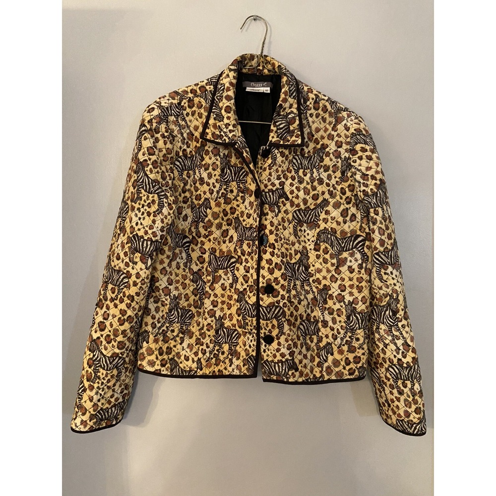 Maggy L Jacket 100% Silk Quilted Button Front Zebra Safari Lined Women's 10 - Picture 1 of 4